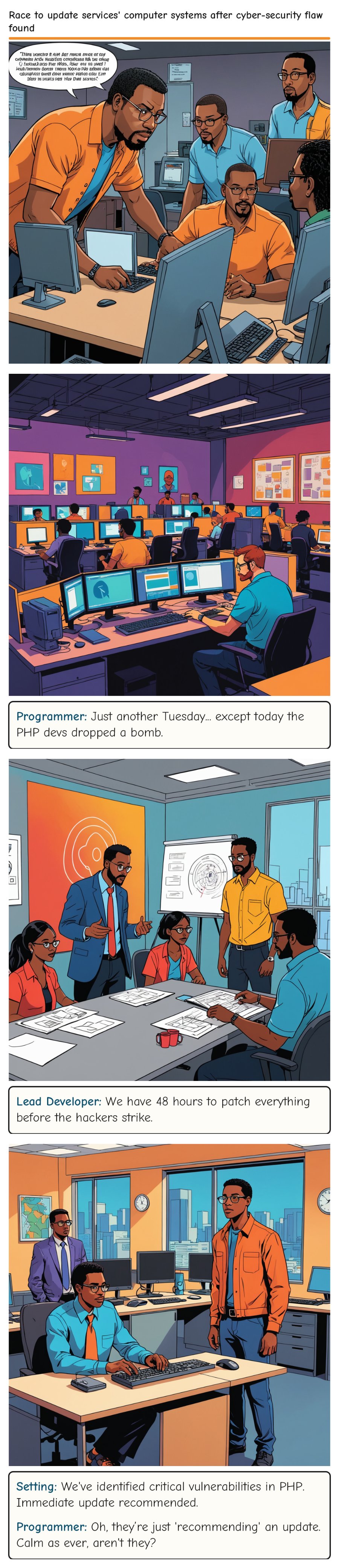 Race to update services' computer systems after cyber-security flaw found — comic strip