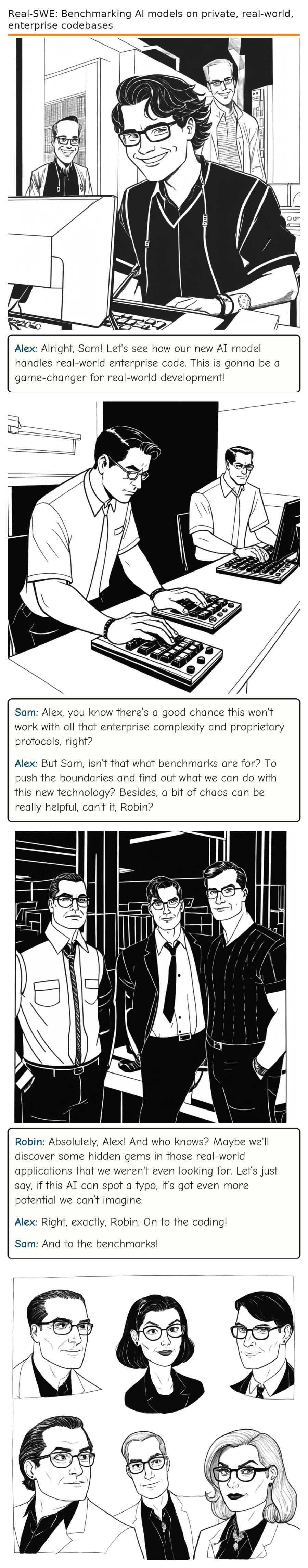 Real-SWE: Benchmarking AI models on private, real-world, enterprise codebases — comic strip