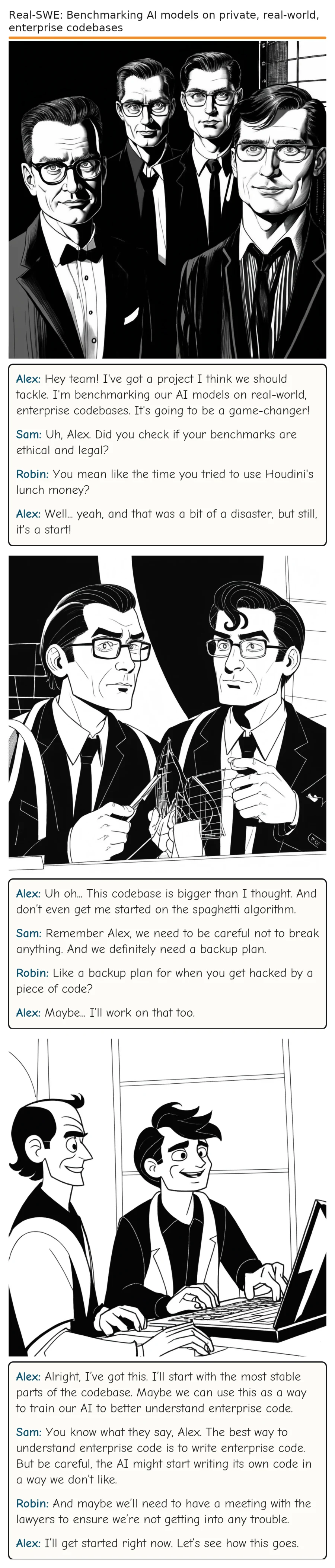 Real-SWE: Benchmarking AI models on private, real-world, enterprise codebases — comic strip
