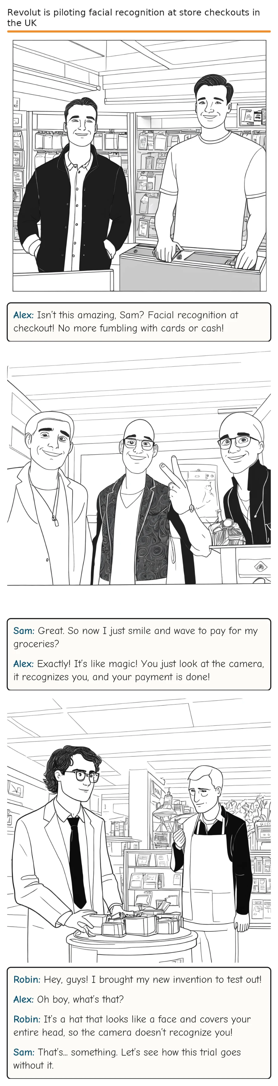 Revolut is piloting facial recognition at store checkouts in the UK — comic strip