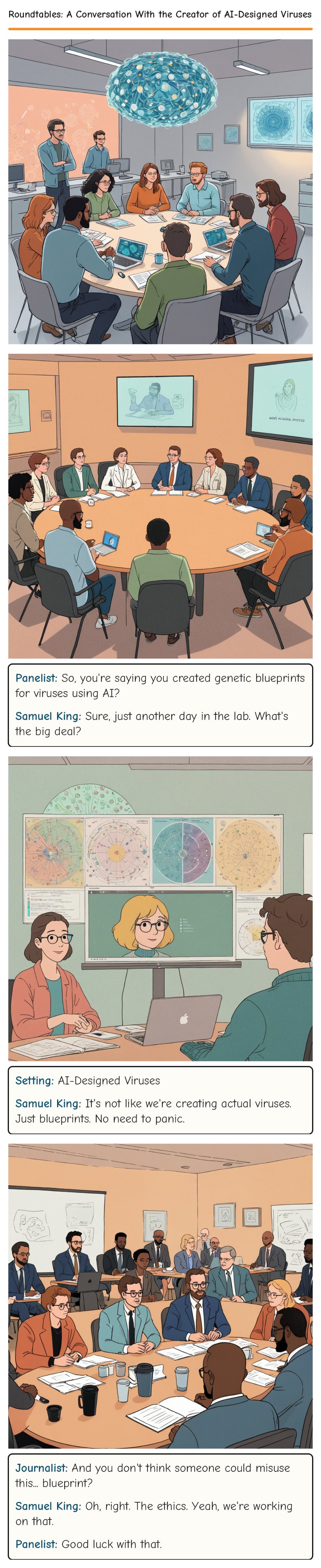 Roundtables: A Conversation With the Creator of AI-Designed Viruses — comic strip