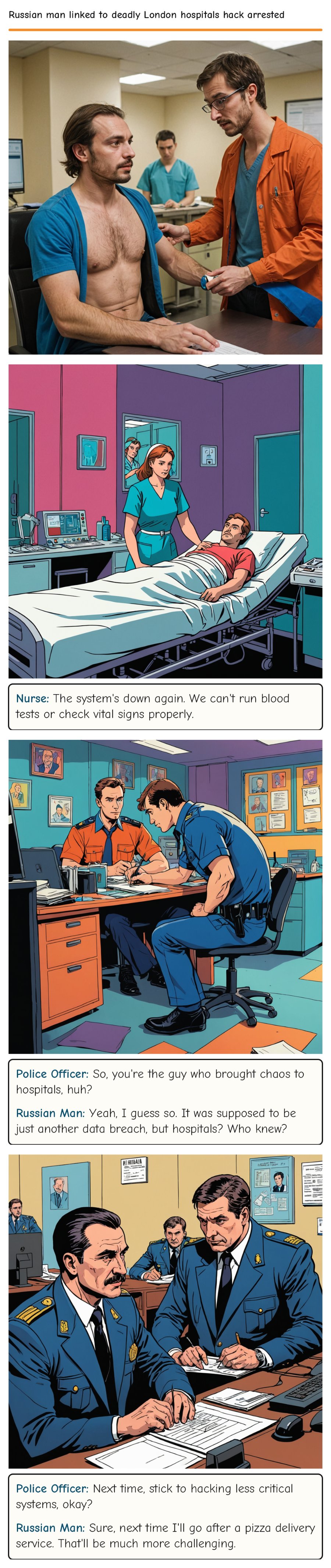 Russian man linked to deadly London hospitals hack arrested — comic strip
