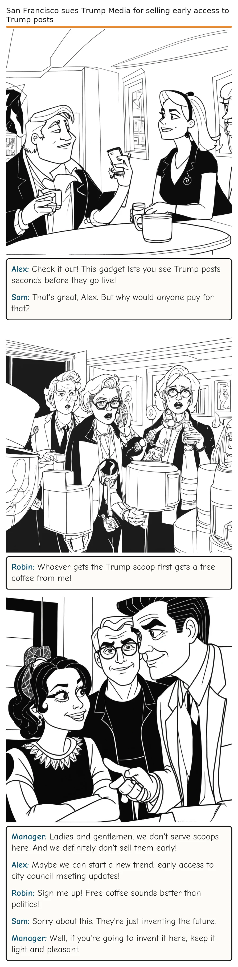 San Francisco sues Trump Media for selling early access to Trump posts — comic strip