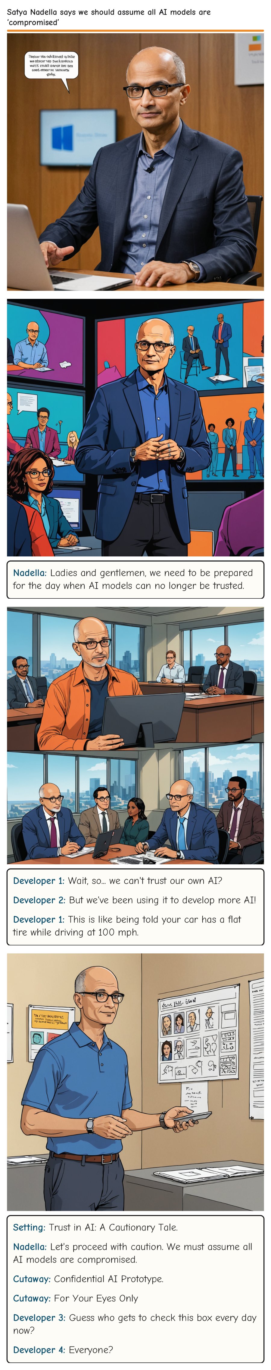 Satya Nadella says we should assume all AI models are ‘compromised’ — comic strip