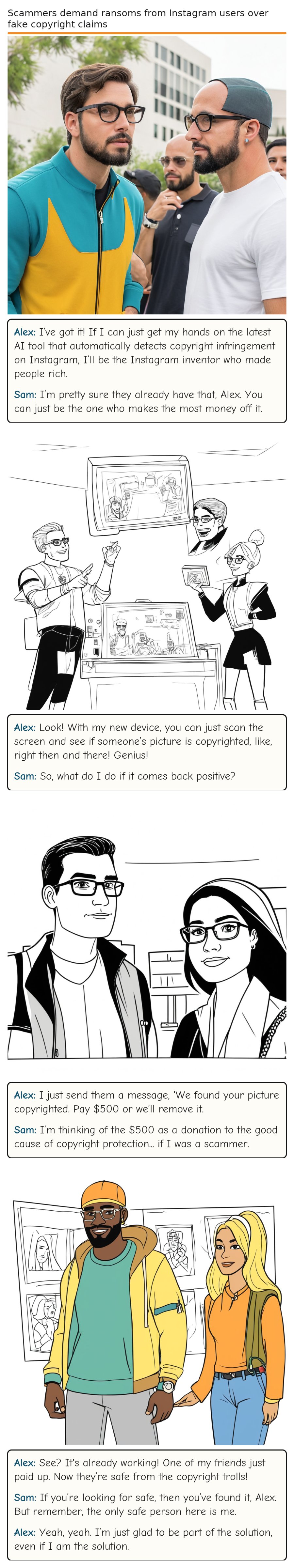 Scammers demand ransoms from Instagram users over fake copyright claims — comic strip