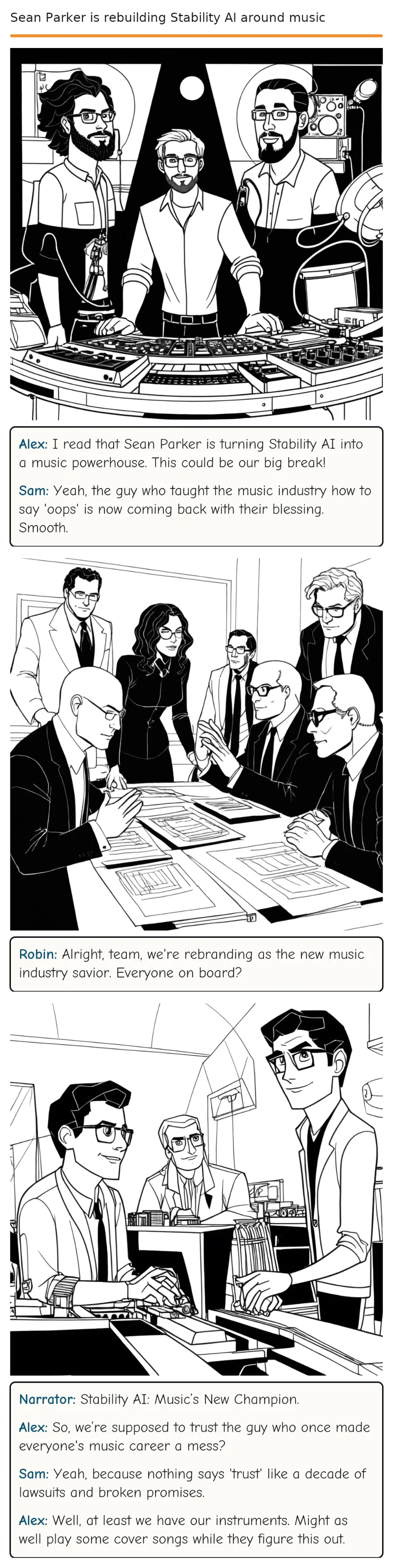 Sean Parker is rebuilding Stability AI around music — comic strip