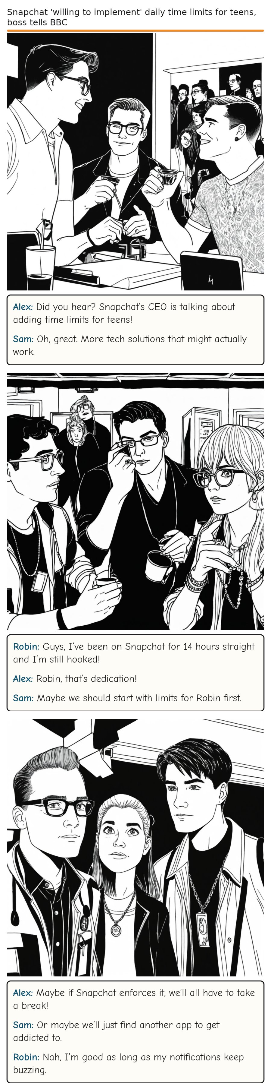 Snapchat 'willing to implement' daily time limits for teens, boss tells BBC — comic strip