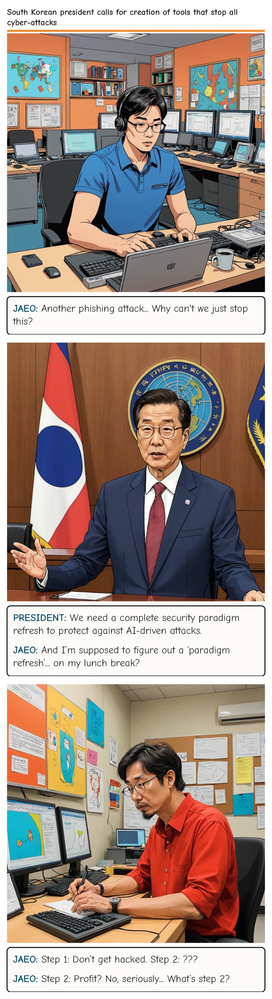 South Korean president calls for creation of tools that stop all cyber-attacks — comic strip