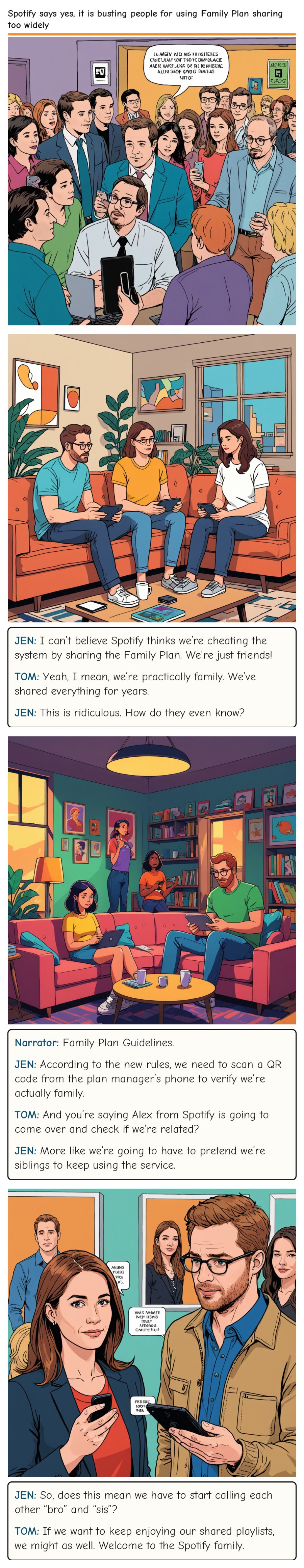 Spotify says yes, it is busting people for using Family Plan sharing too widely — comic strip