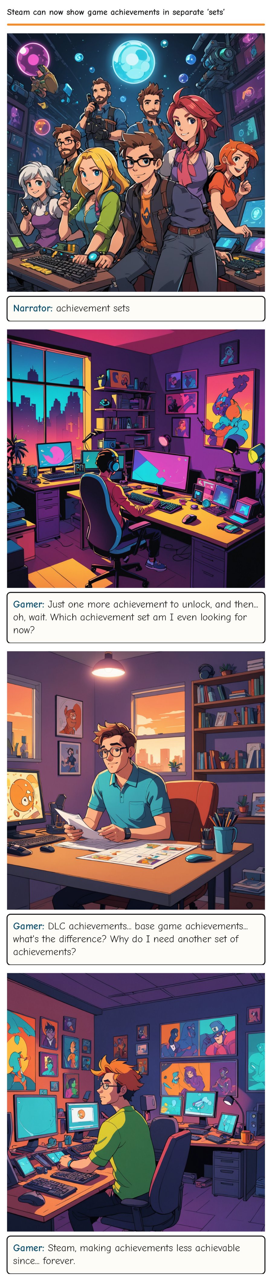 Steam can now show game achievements in separate ‘sets’ — comic strip