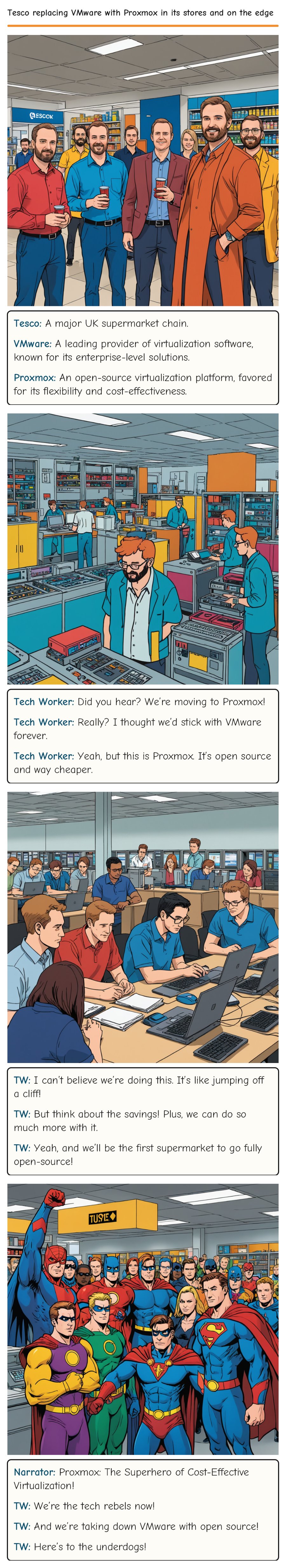 Tesco replacing VMware with Proxmox in its stores and on the edge — comic strip
