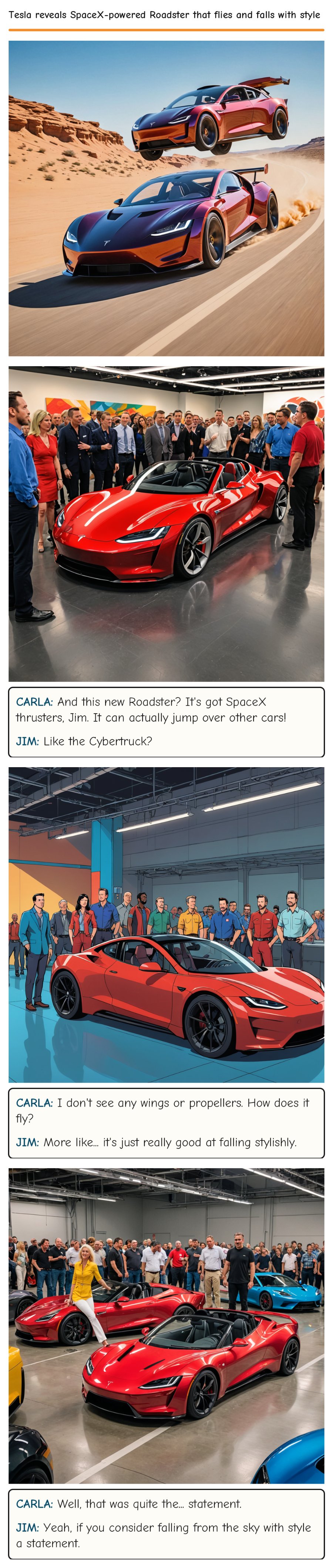 Tesla reveals SpaceX-powered Roadster that flies and falls with style — comic strip