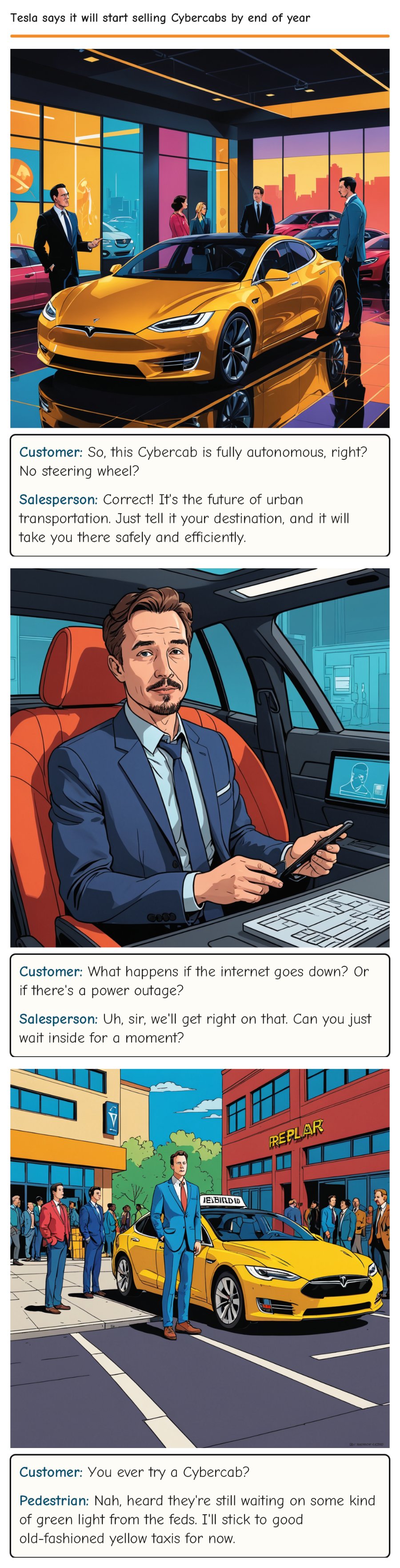 Tesla says it will start selling Cybercabs by end of year — comic strip