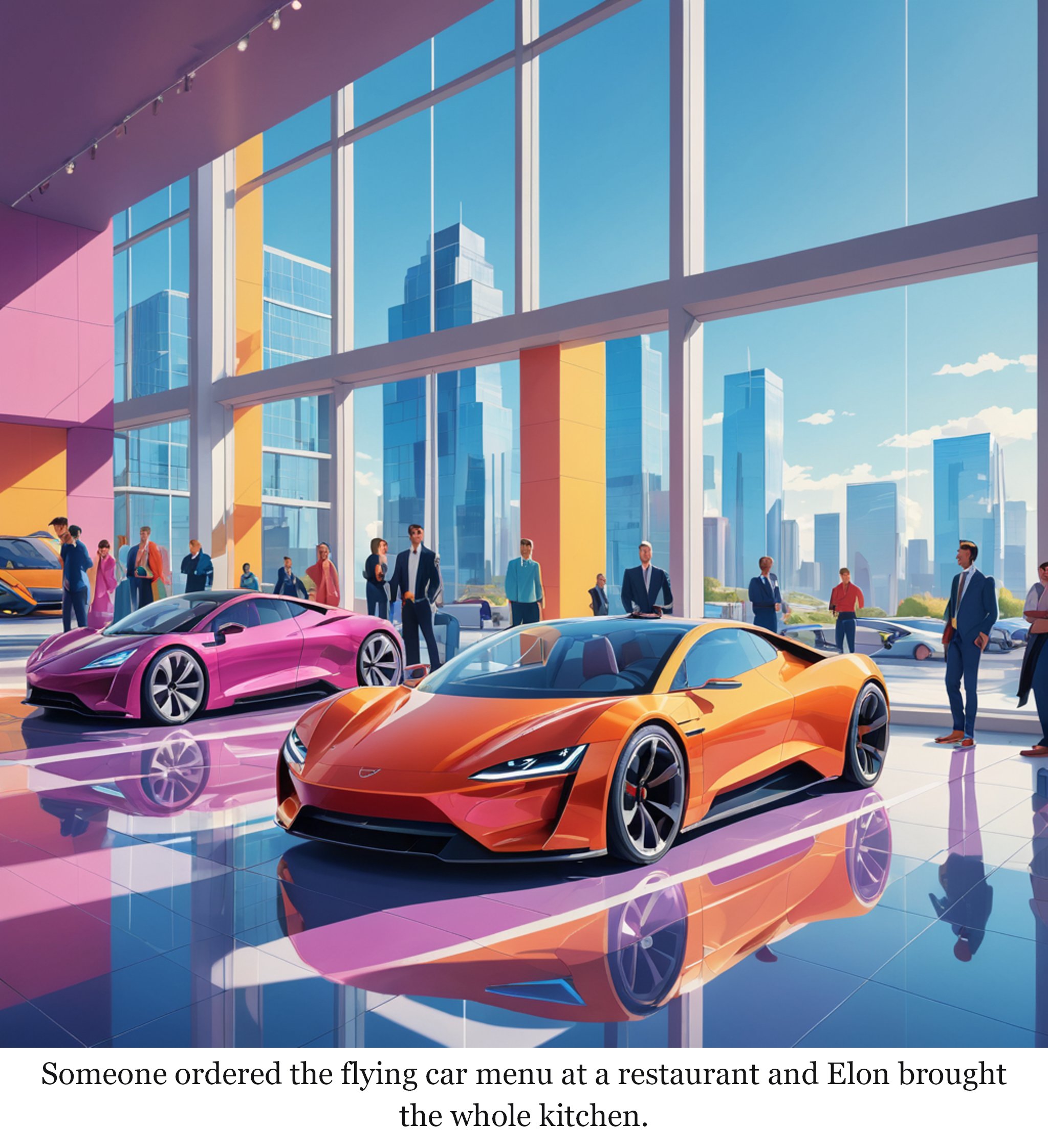 The incredible flying Tesla Roadster is just for show — one-panel cartoon