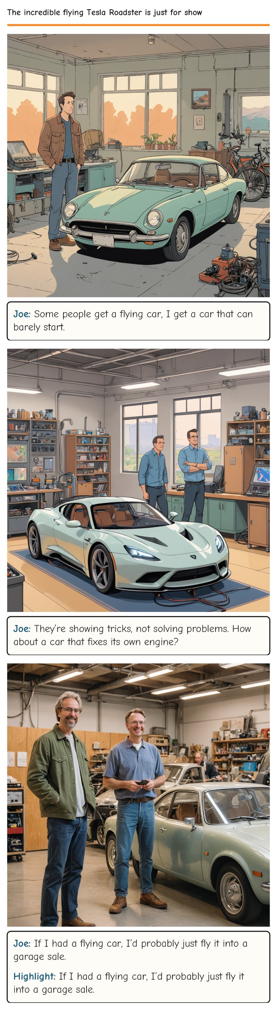 The incredible flying Tesla Roadster is just for show — comic strip