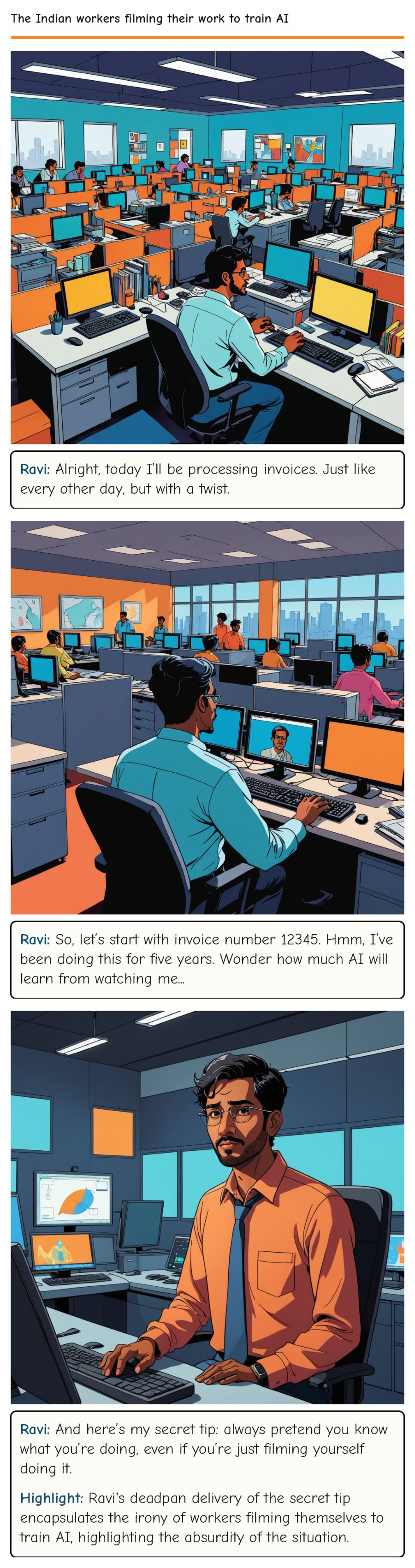 The Indian workers filming their work to train AI — comic strip