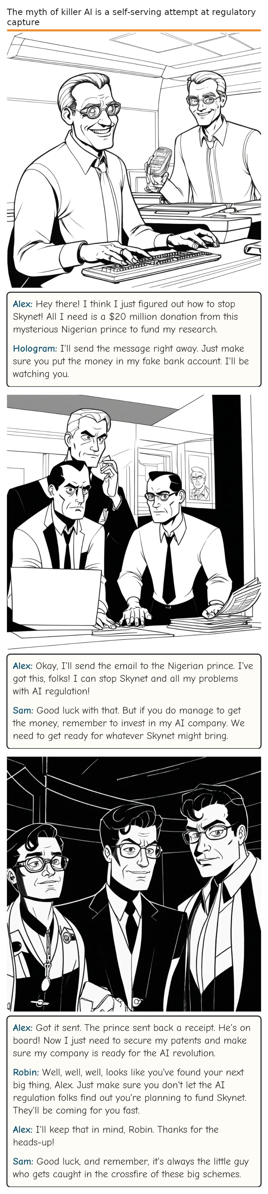 The myth of killer AI is a self-serving attempt at regulatory capture — comic strip