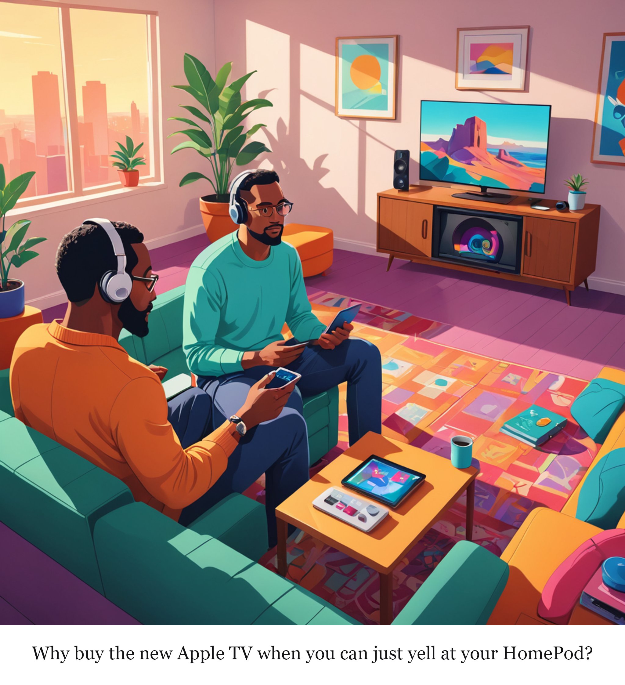 The new Apple TV could have a built-in mic and a remote with a speaker — one-panel cartoon