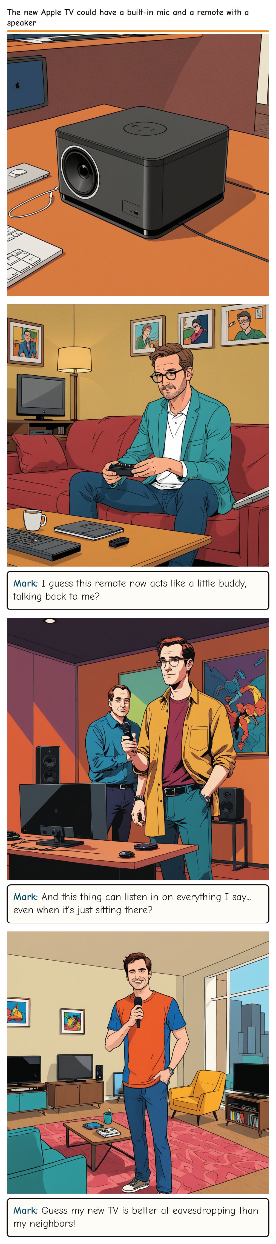 The new Apple TV could have a built-in mic and a remote with a speaker — comic strip