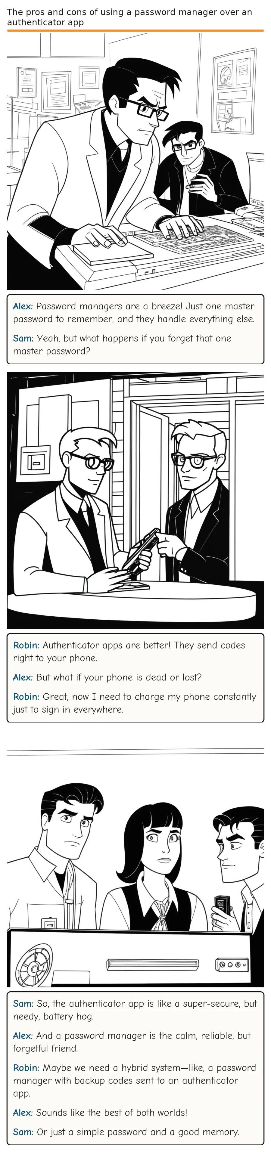 The pros and cons of using a password manager over an authenticator app — comic strip