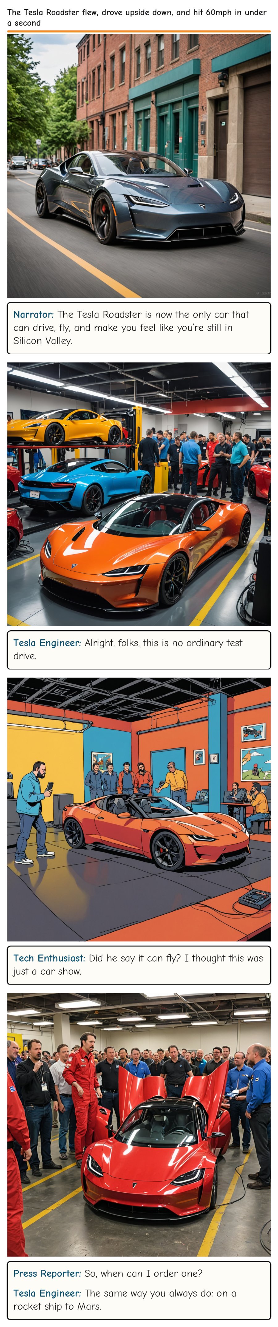 The Tesla Roadster flew, drove upside down, and hit 60mph in under a second — comic strip