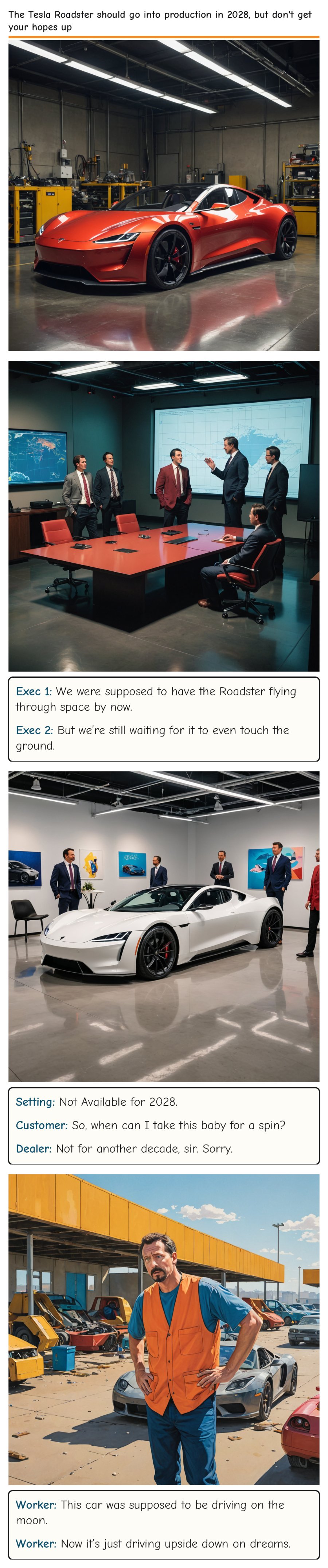 The Tesla Roadster should go into production in 2028, but don't get your hopes up — comic strip