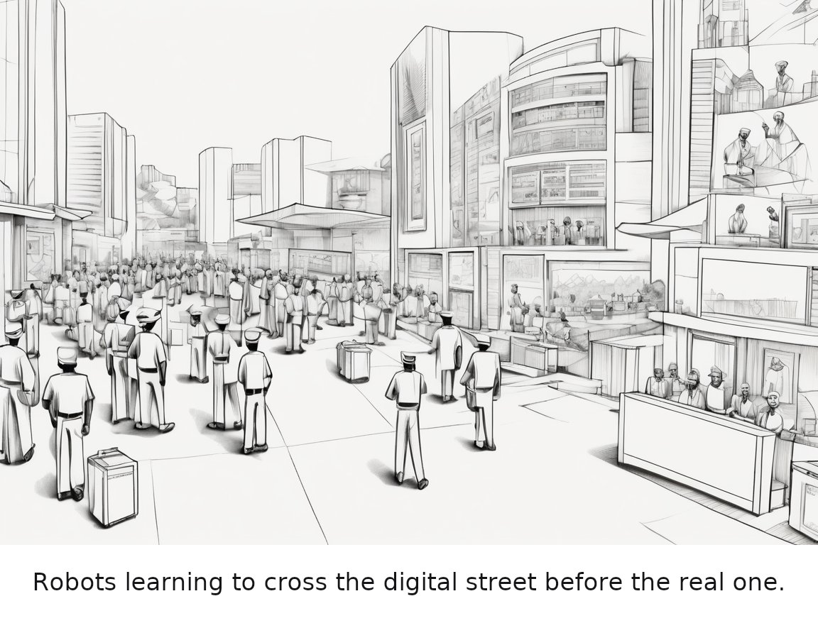The virtual worlds where robots are trained — one-panel cartoon