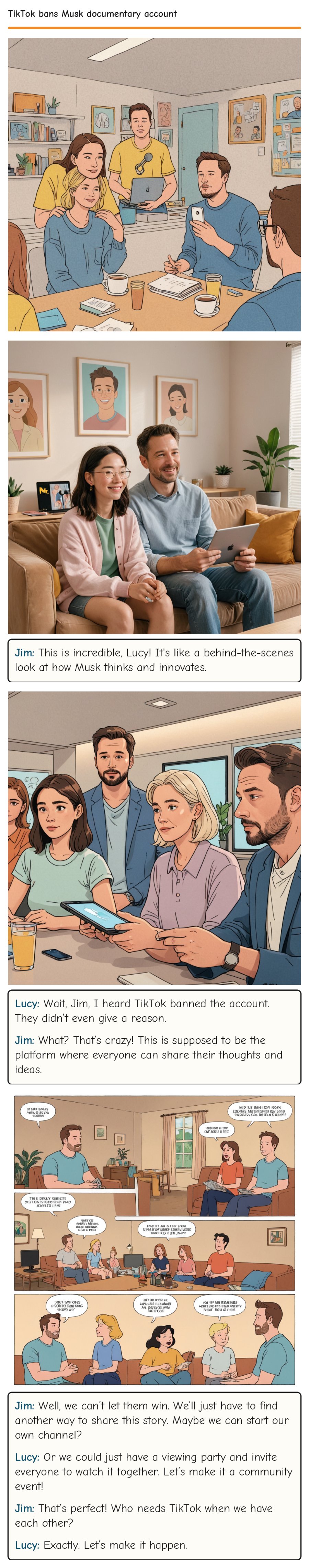 TikTok bans Musk documentary account — comic strip