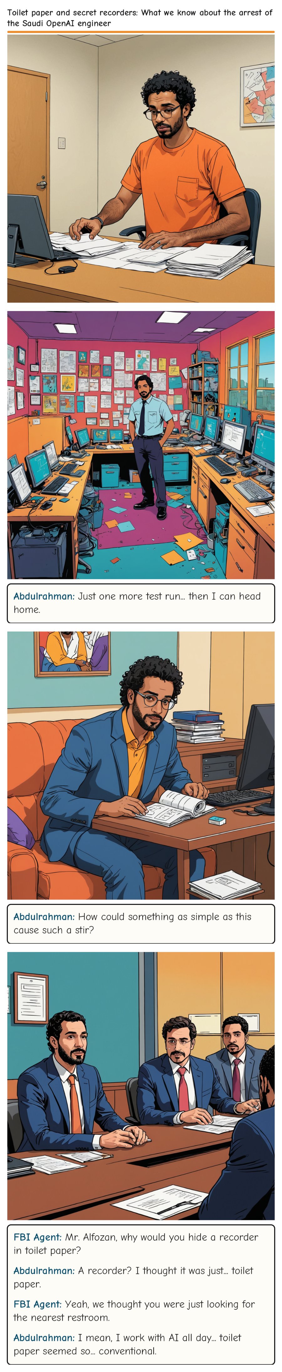 Toilet paper and secret recorders: What we know about the arrest of the Saudi OpenAI engineer — comic strip