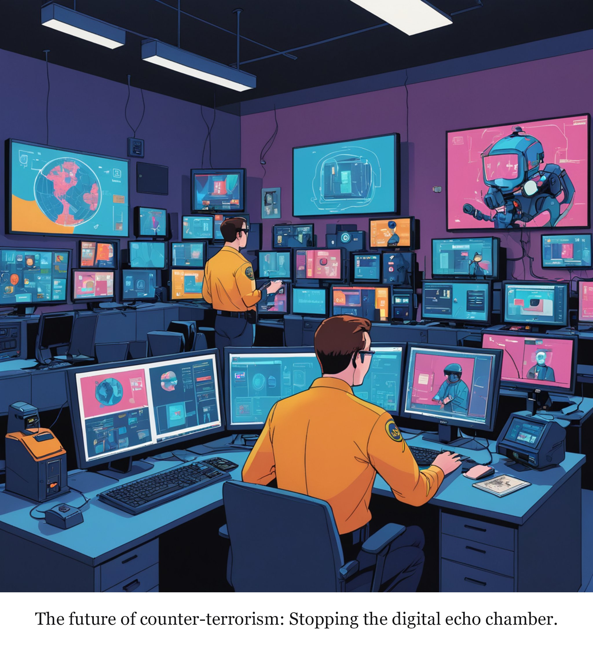 Tool and target: US law enforcement grapple with AI-enabled terrorism and anti-tech extremism — one-panel cartoon