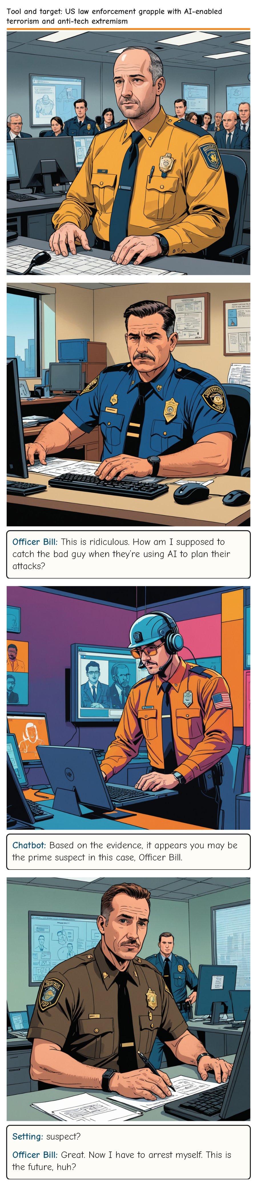 Tool and target: US law enforcement grapple with AI-enabled terrorism and anti-tech extremism — comic strip