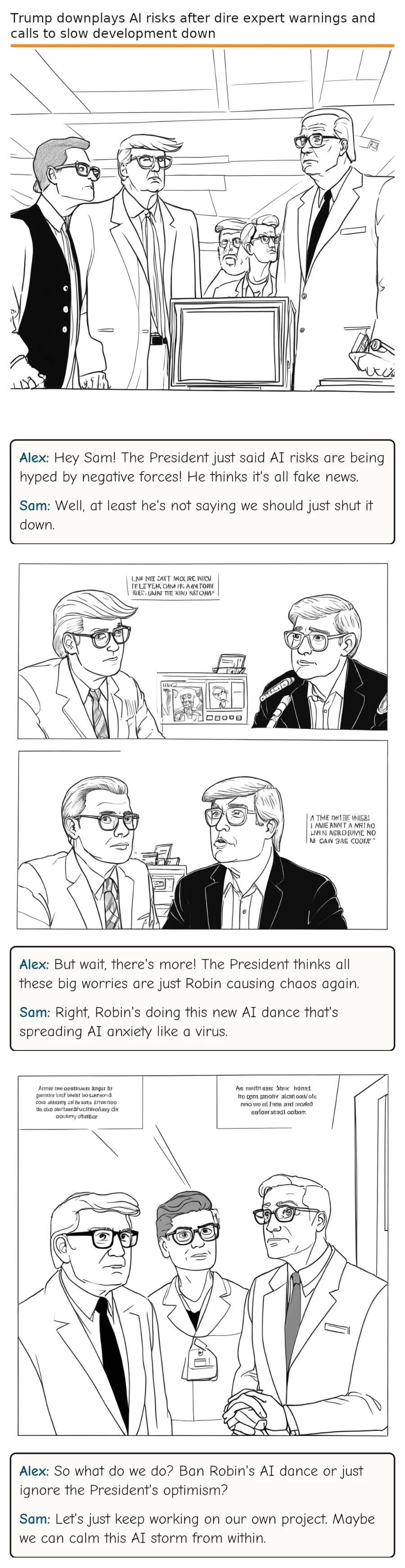 Trump downplays AI risks after dire expert warnings and calls to slow development down — comic strip