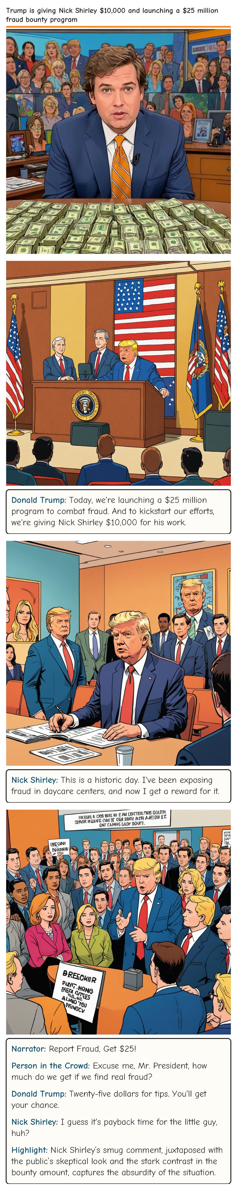 Trump is giving Nick Shirley $10,000 and launching a $25 million fraud bounty program — comic strip