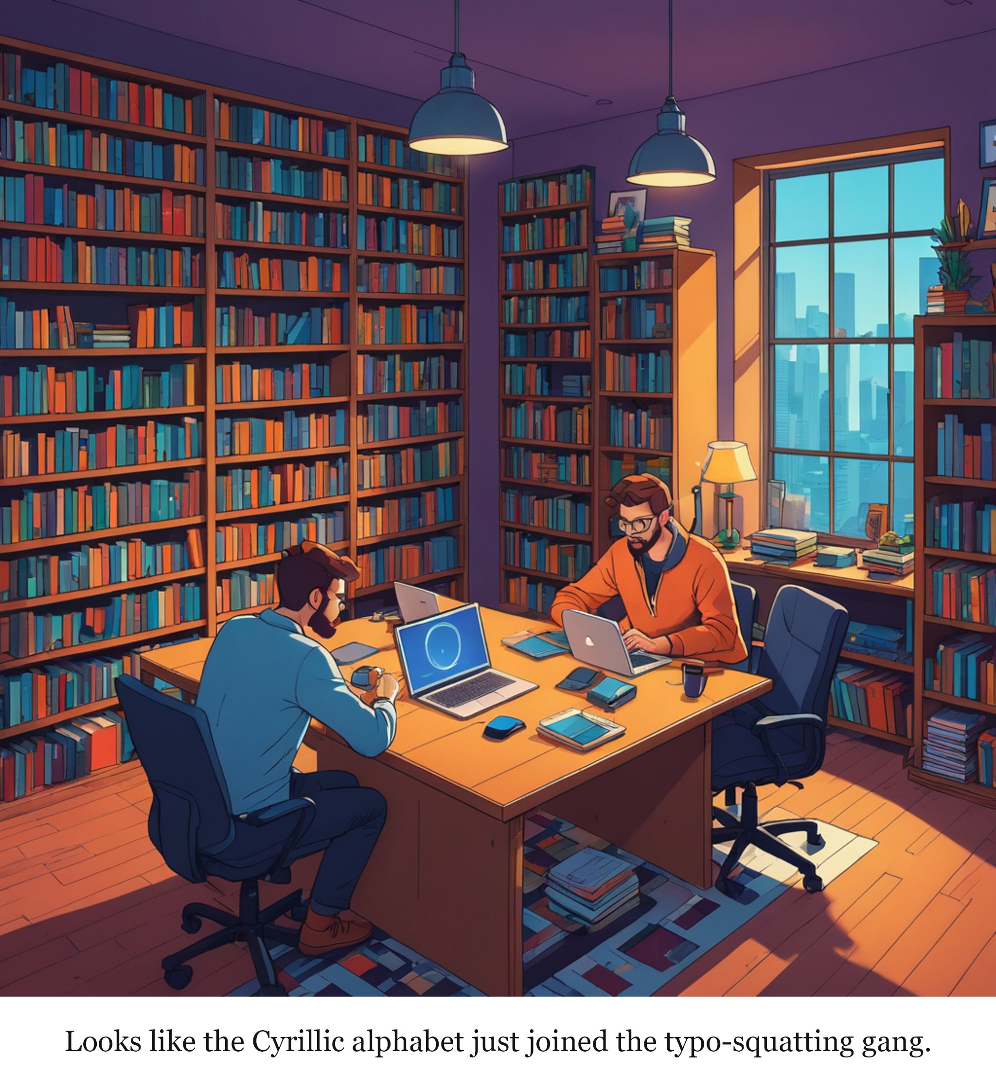 Two characters open up a world of typosquatting opportunities in Chromium browsers — one-panel cartoon