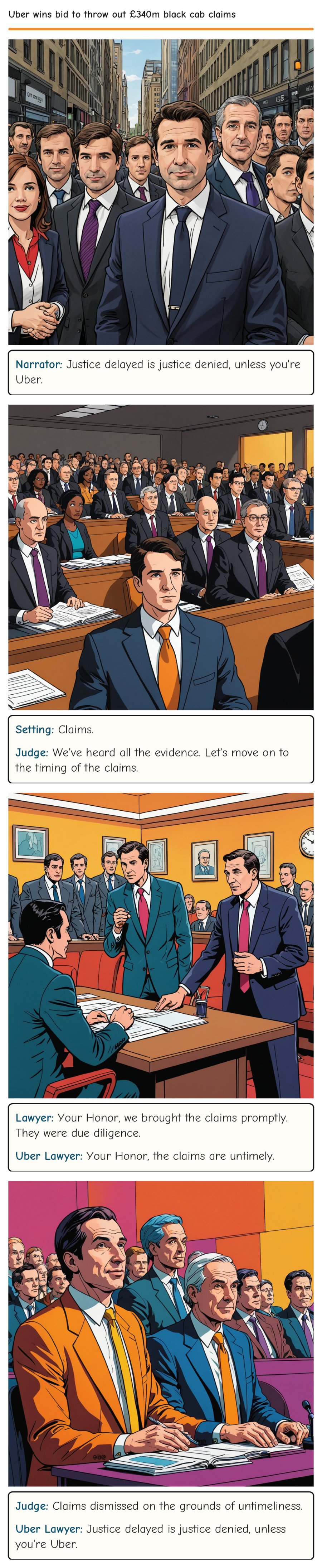Uber wins bid to throw out £340m black cab claims — comic strip