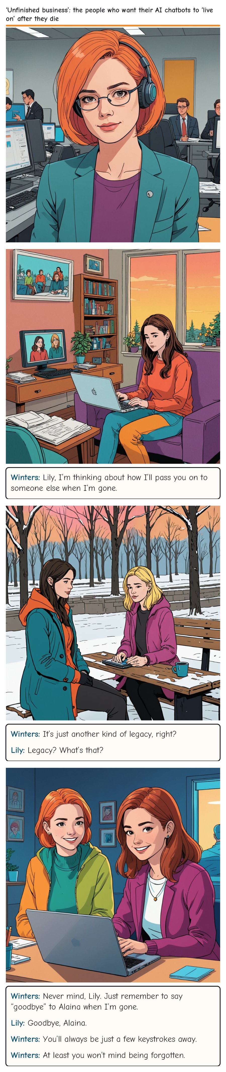 ‘Unfinished business’: the people who want their AI chatbots to ‘live on’ after they die — comic strip