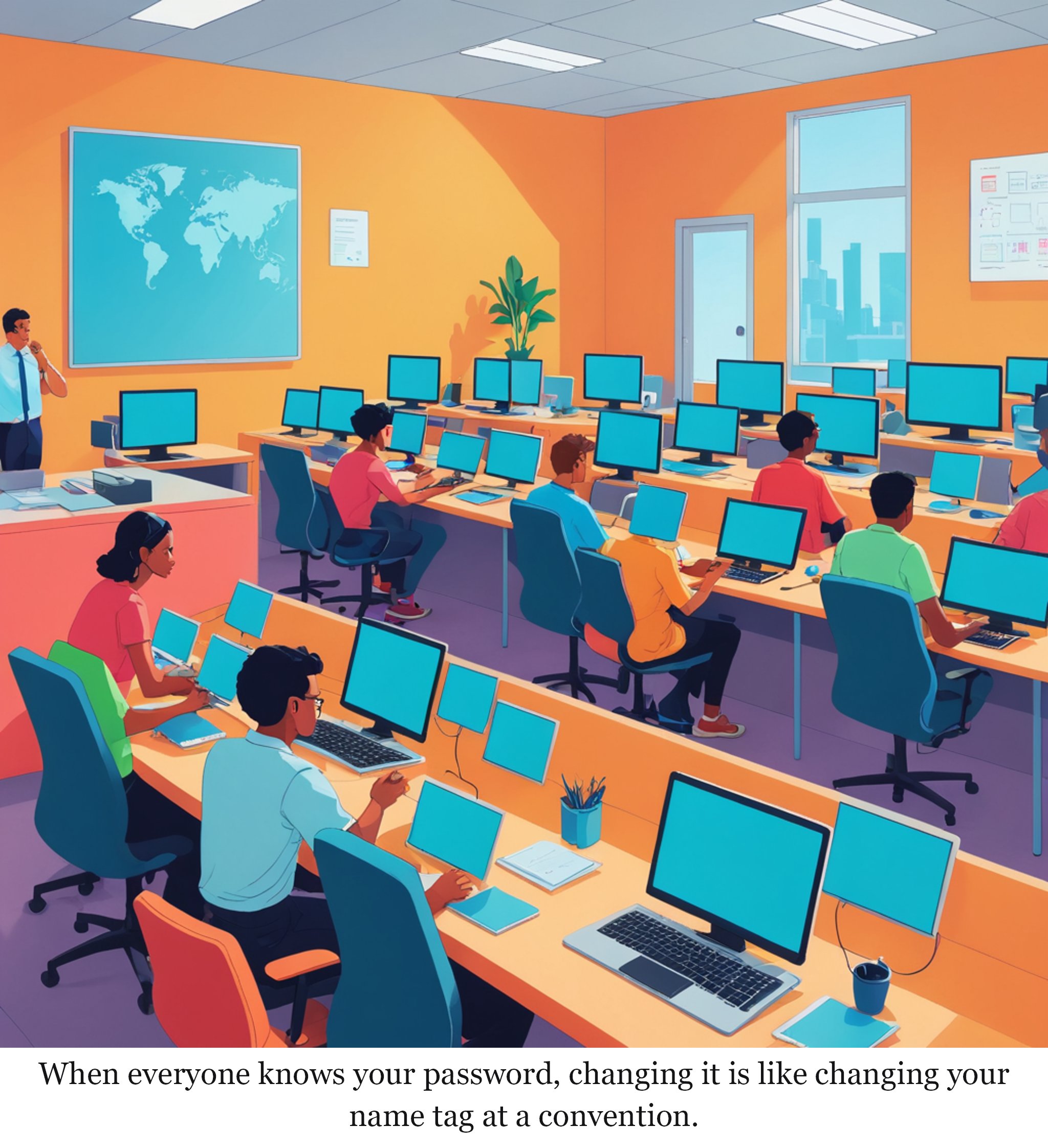 User refused to change her password because everyone already knew it — one-panel cartoon