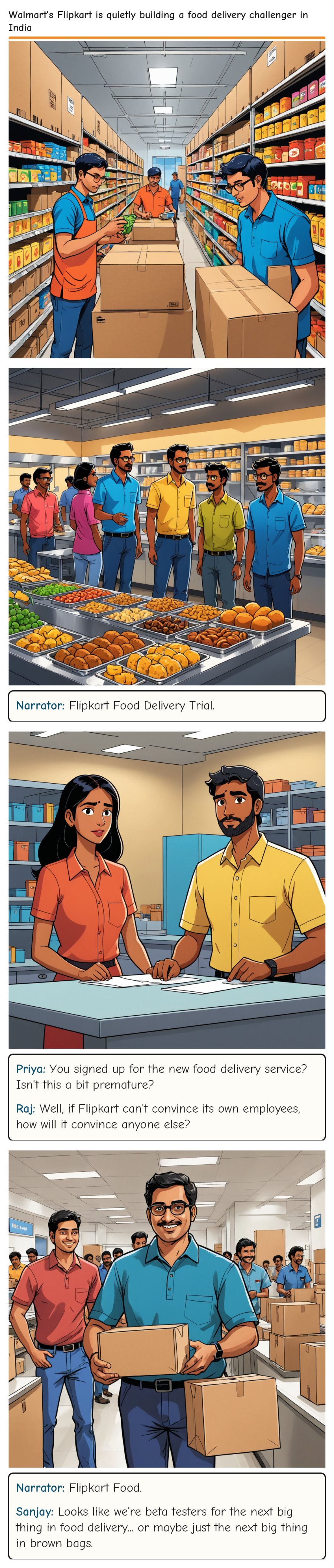 Walmart’s Flipkart is quietly building a food delivery challenger in India — comic strip