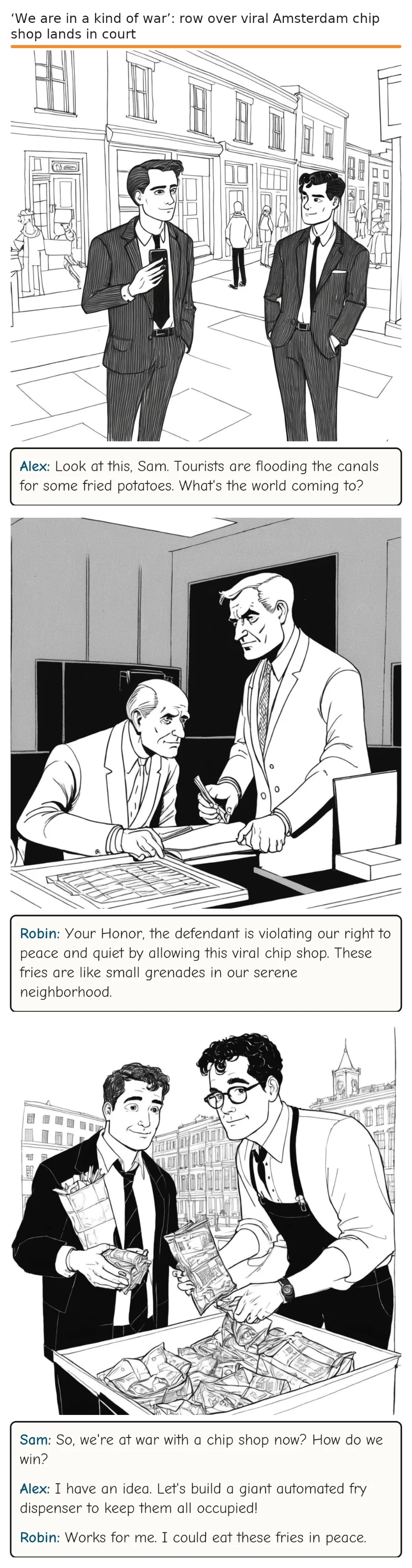 ‘We are in a kind of war’: row over viral Amsterdam chip shop lands in court — comic strip