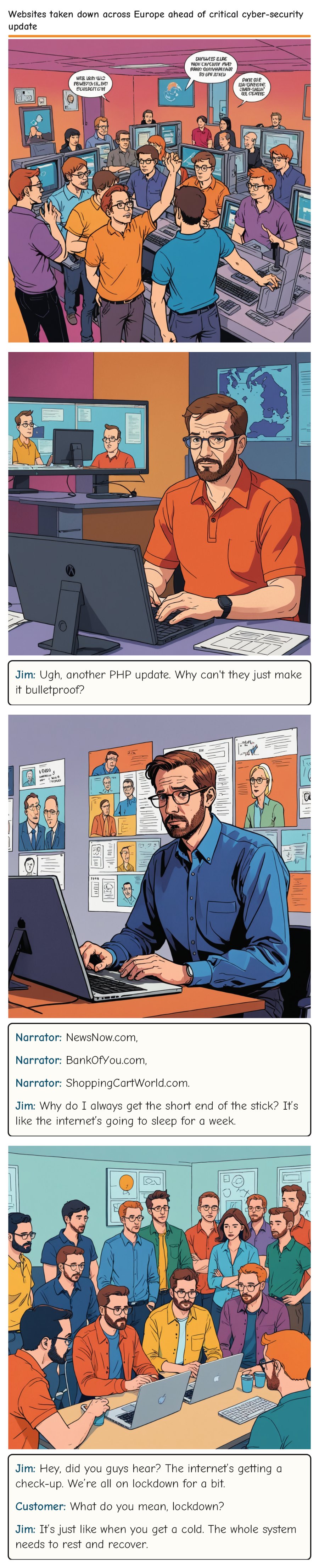 Websites taken down across Europe ahead of critical cyber-security update — comic strip