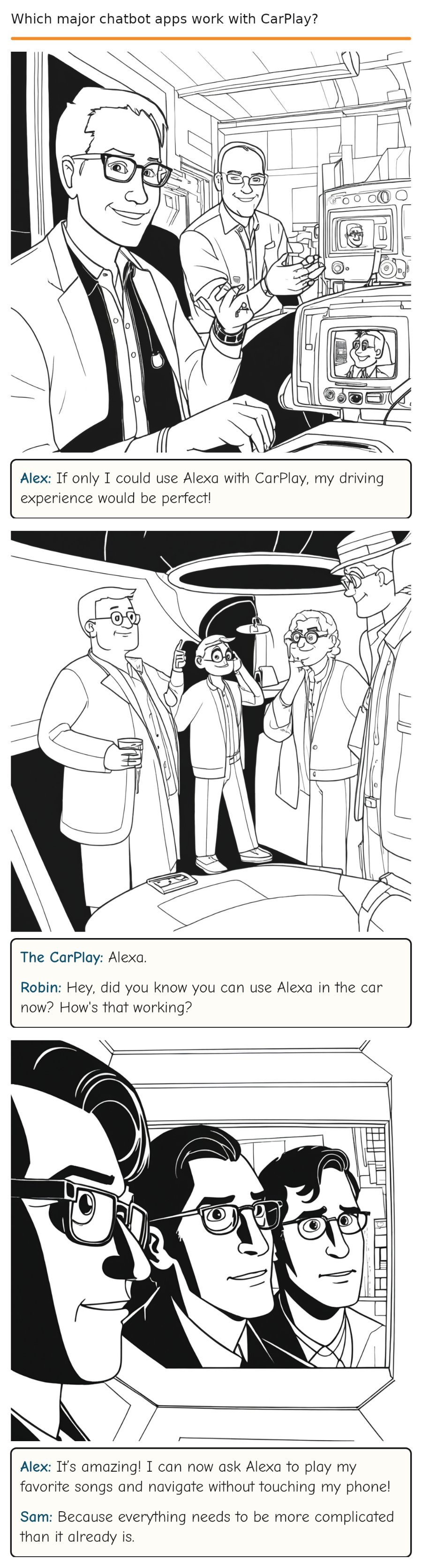 Which major chatbot apps work with CarPlay? — comic strip