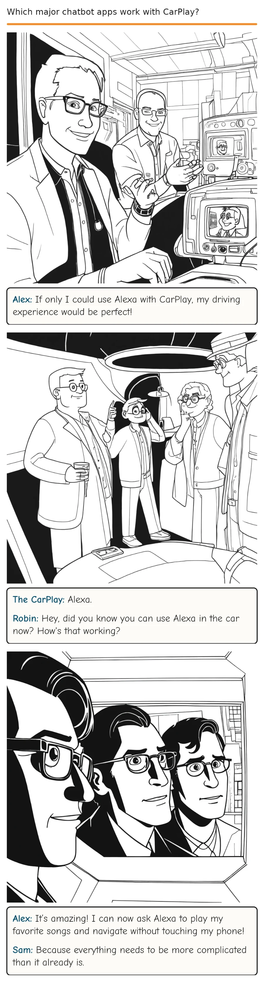 Which major chatbot apps work with CarPlay? — comic strip