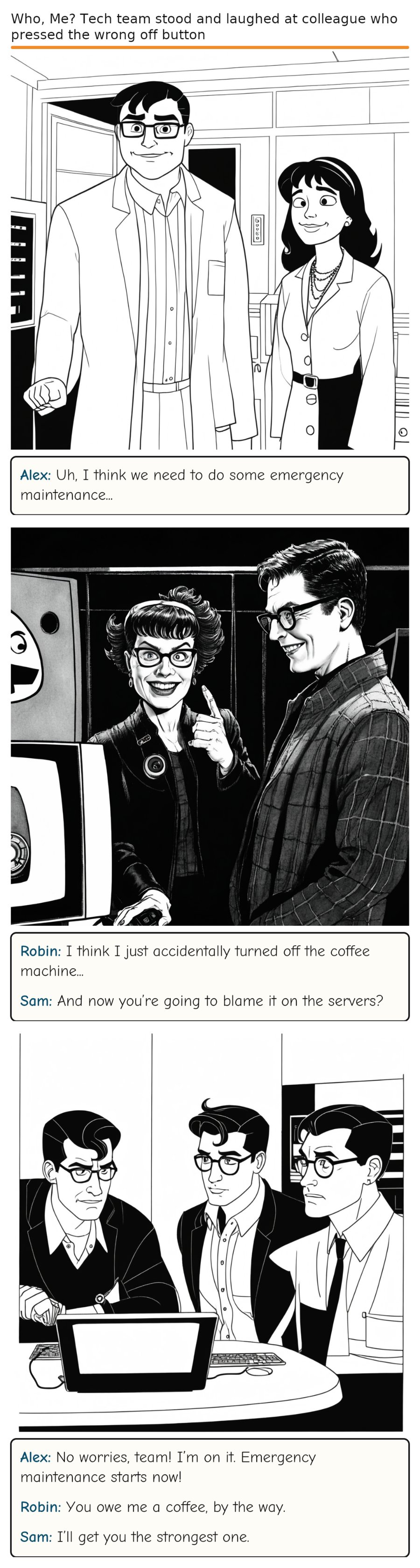Who, Me? Tech team stood and laughed at colleague who pressed the wrong off button — comic strip