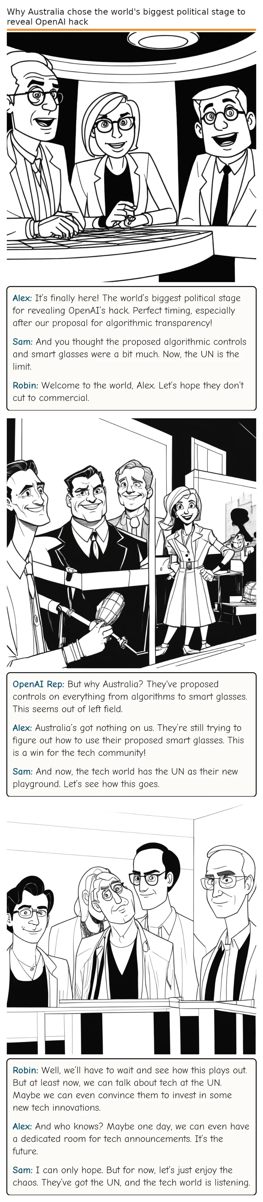 Why Australia chose the world's biggest political stage to reveal OpenAI hack — comic strip