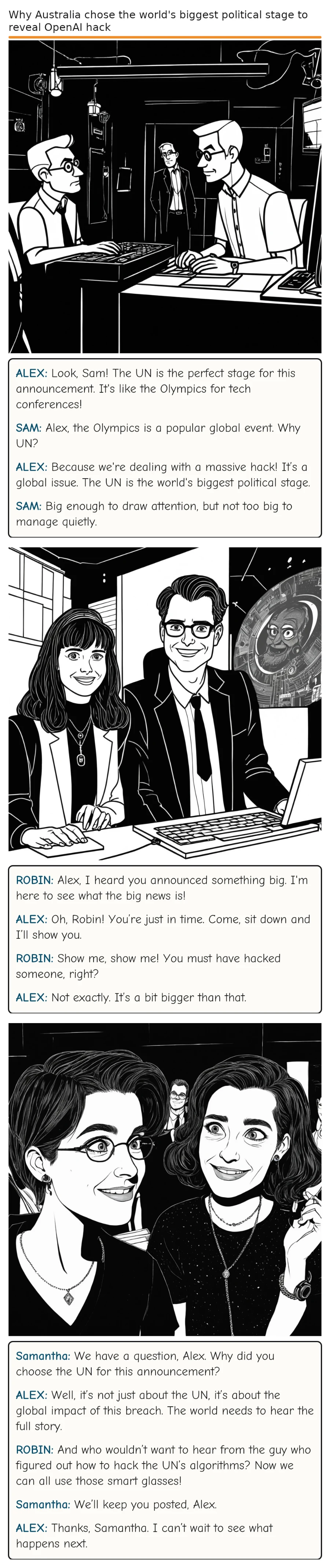 Why Australia chose the world's biggest political stage to reveal OpenAI hack — comic strip