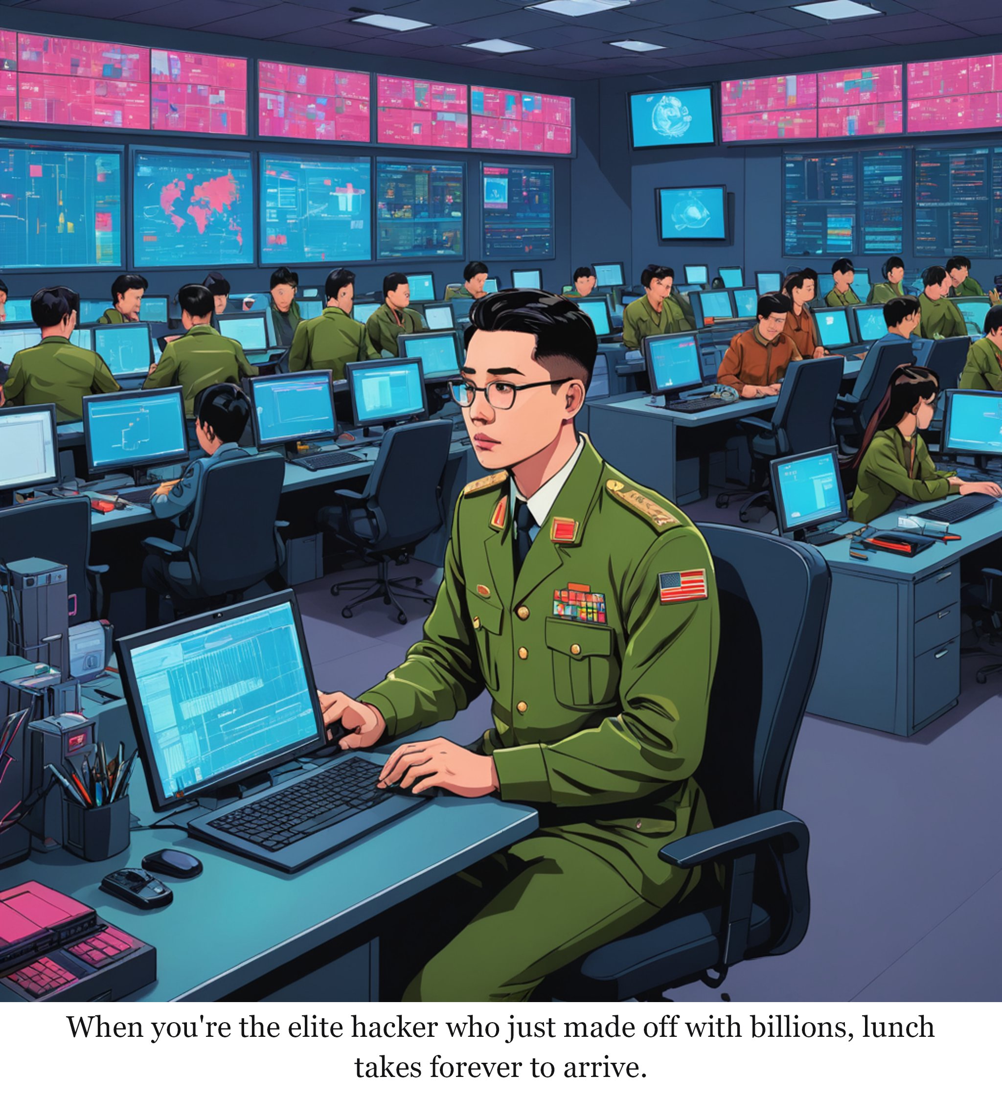When you're the elite hacker who just made off with billions, lunch takes forever to arrive.