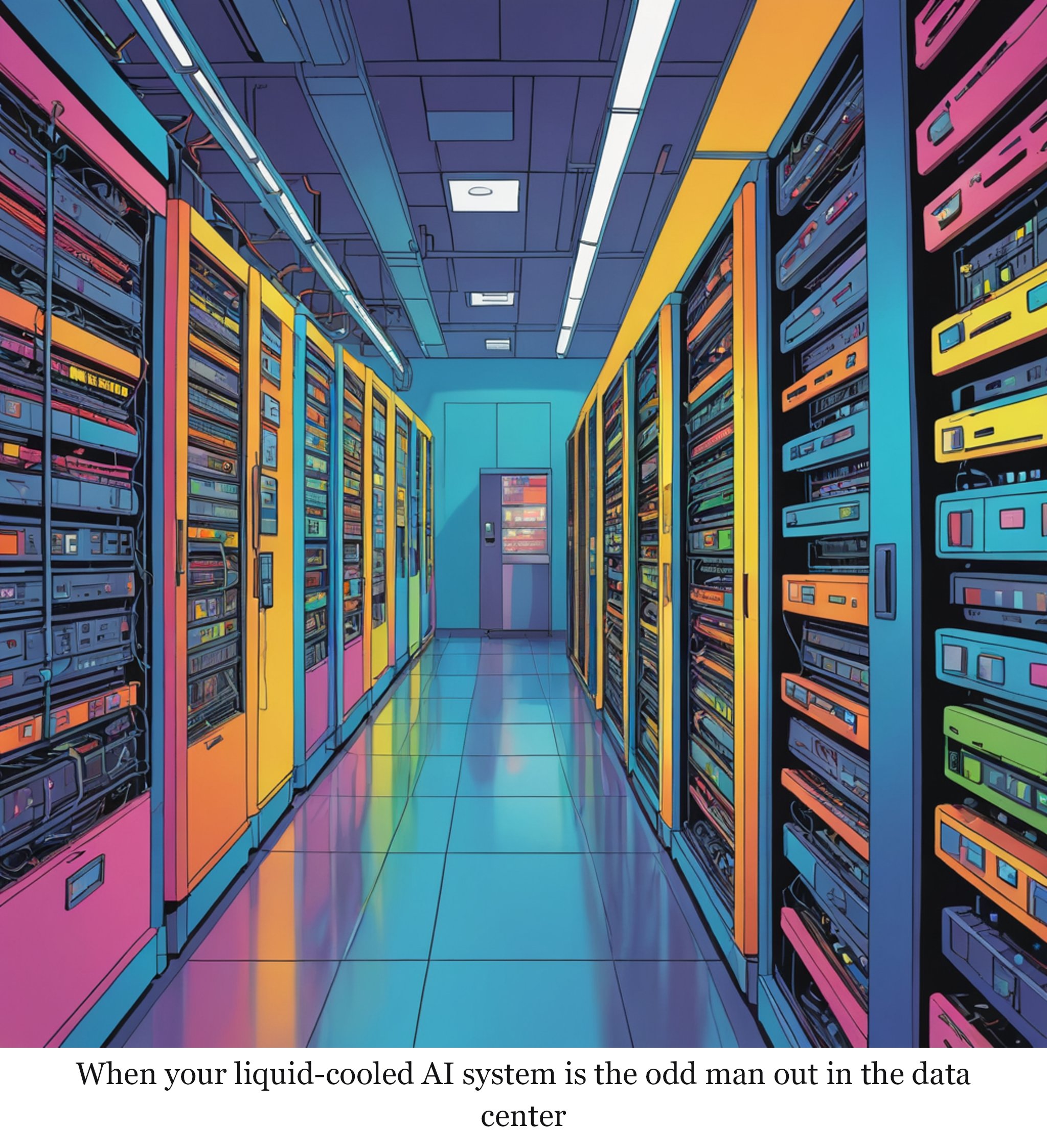 Why the immediate future of liquid cooling is hybrid — one-panel cartoon