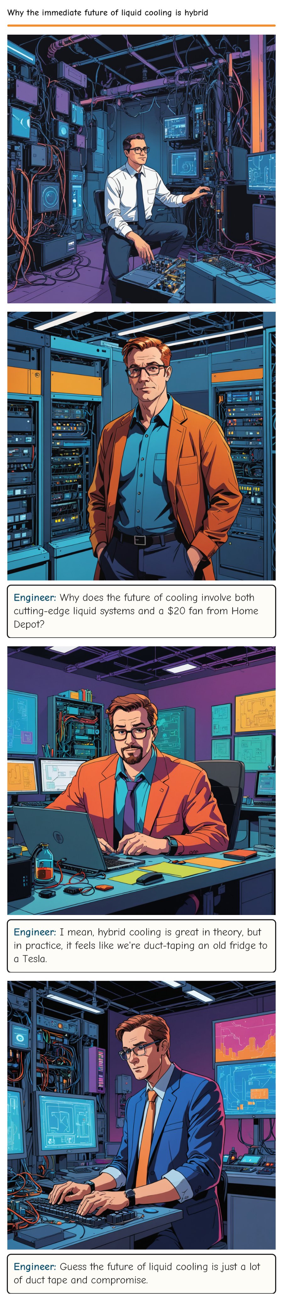 Why the immediate future of liquid cooling is hybrid — comic strip