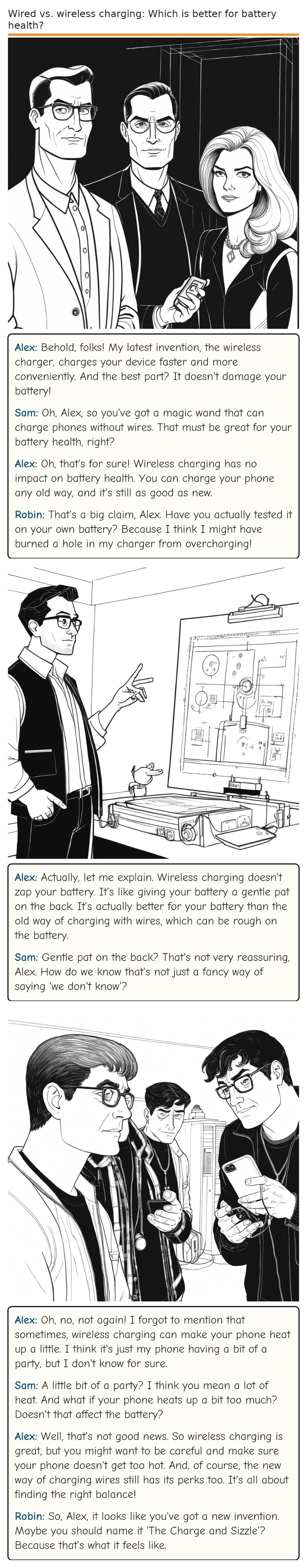 Wired vs. wireless charging: Which is better for battery health? — comic strip