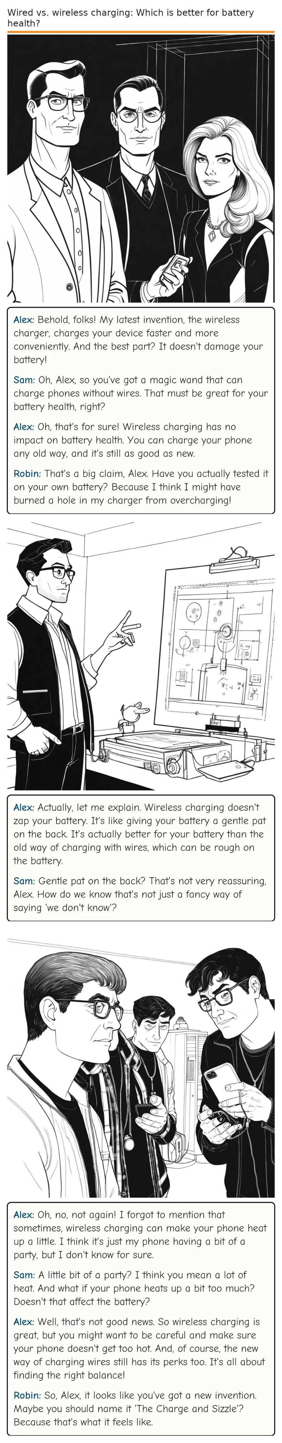 Wired vs. wireless charging: Which is better for battery health? — comic strip